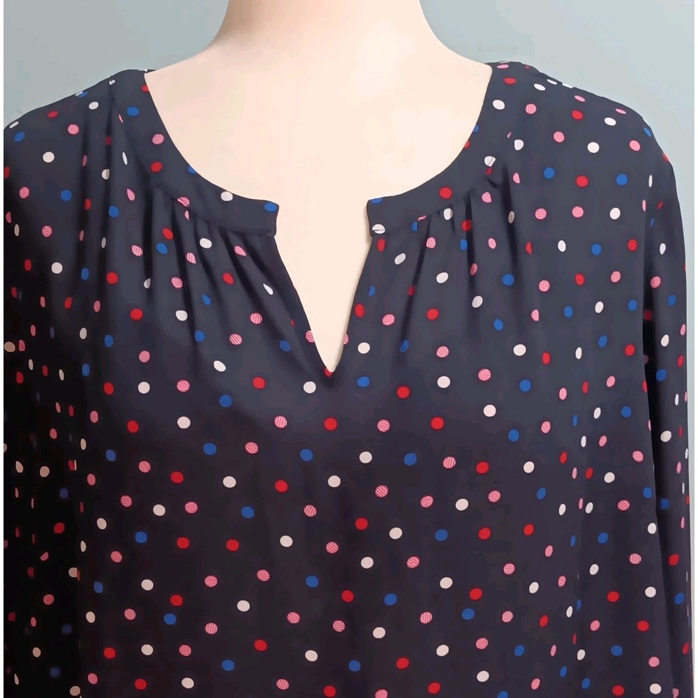 Talbots XL Womens Navy Blue Polka Dot Long Sleeve‎ V-neckline Pullover Blouse